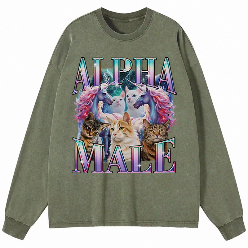 Tokyocanvas Alpha Male Unicorn Cat Long Sleeve Washed T-Shirt