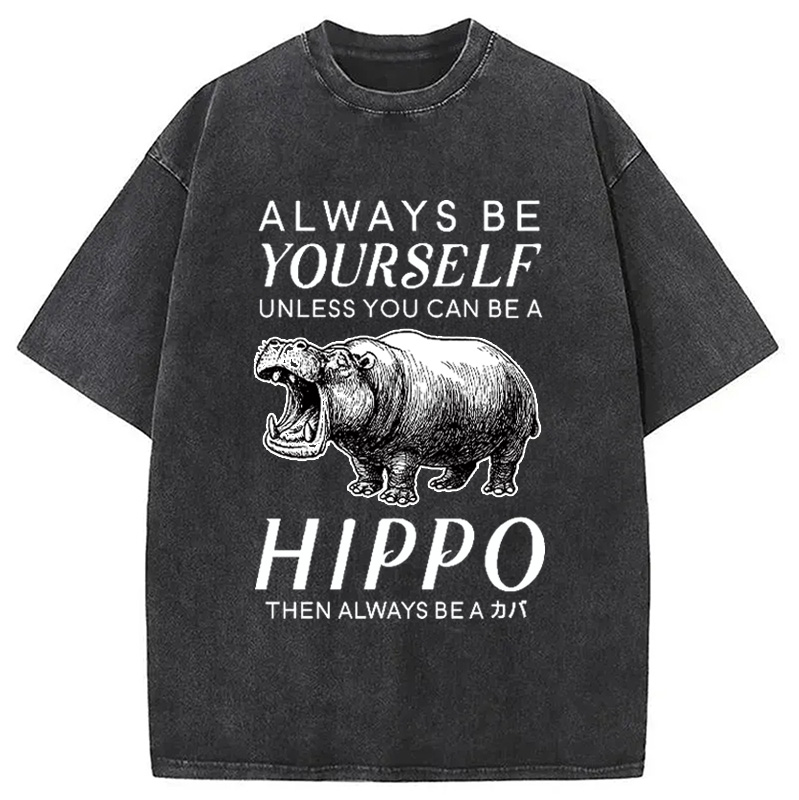 Tokyocanvas Funny Hippopotamu Washed T-Shirt