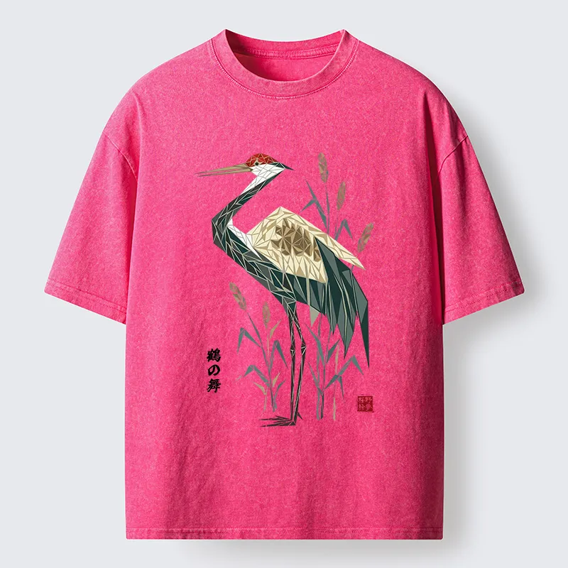 Tokyocanvas Geometric Crane Oriental Art Washed T-Shirt