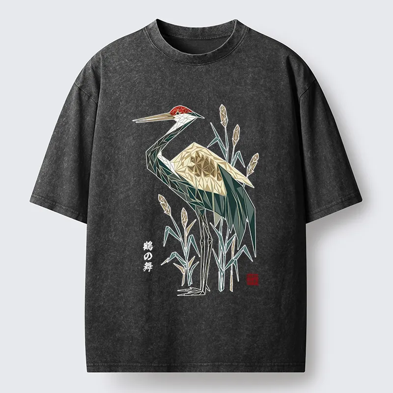 Tokyocanvas Geometric Crane Oriental Art Washed T-Shirt