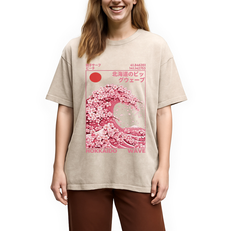 Tokyocanvas Hokkaido Wave Sakura Washed T-Shirt