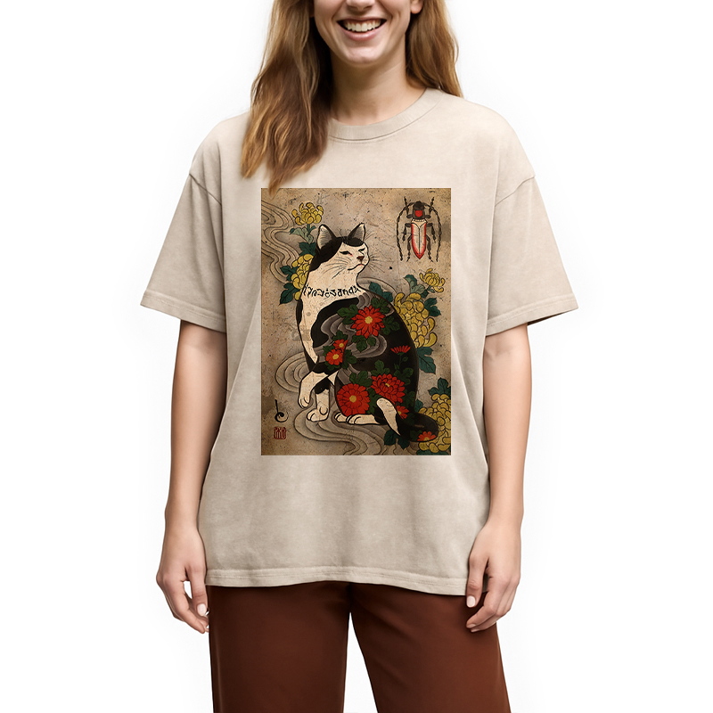 Tokyocanvas Cat Tattoo Floral Washed T-Shirt