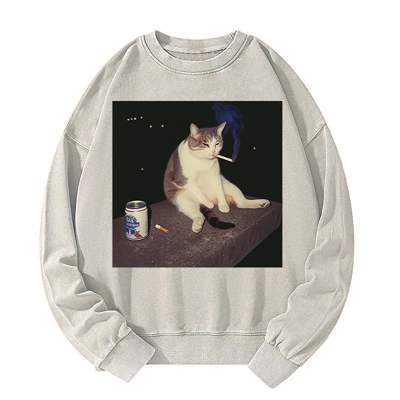 Tokyocanvas Cigarette Kitten Funny Smoking Cat Meme Washed Sweatshirt