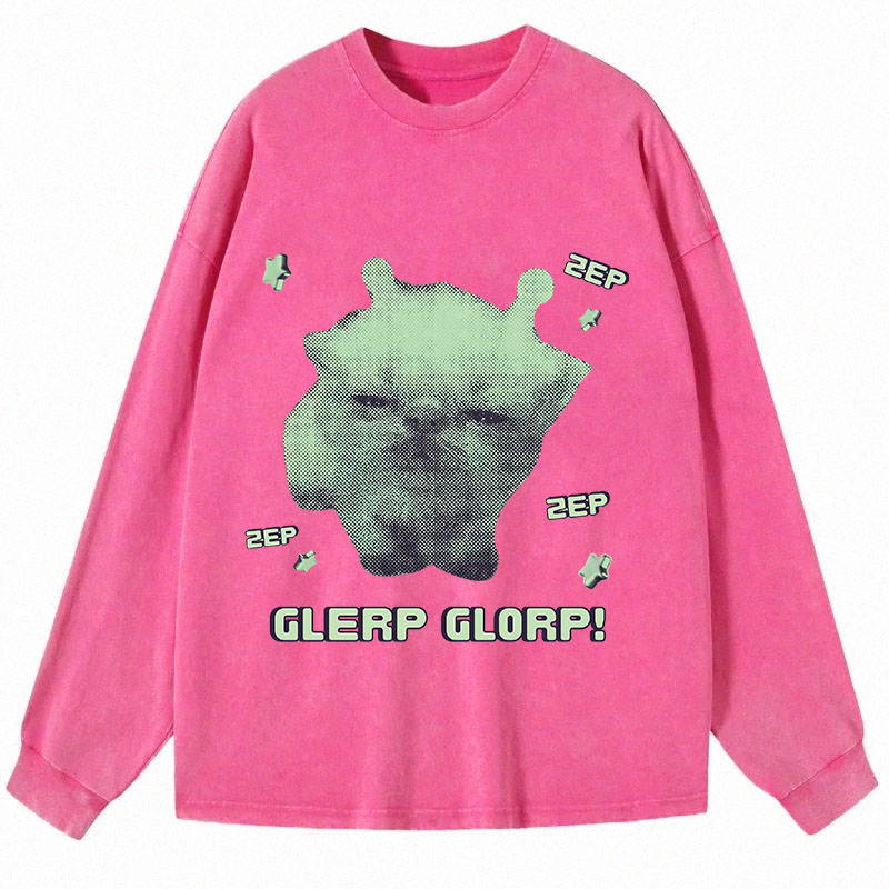 Tokyocanvas Sleepy Glerp Glorp Funny Cat Meme Long Sleeve Washed T-Shirt