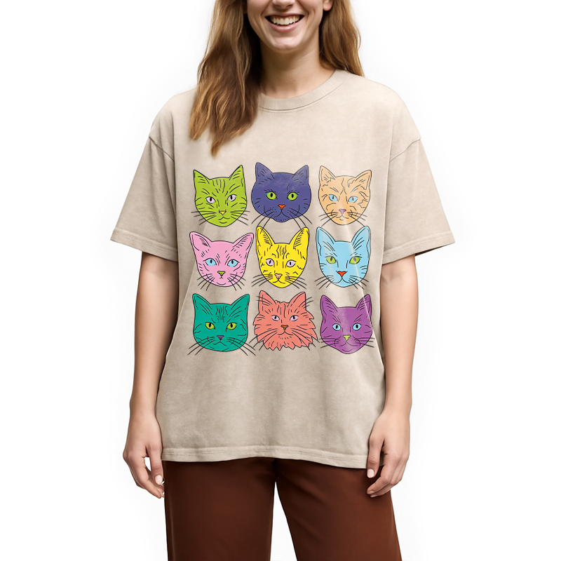 Tokyocanvas Cats' Faces Washed T-Shirt