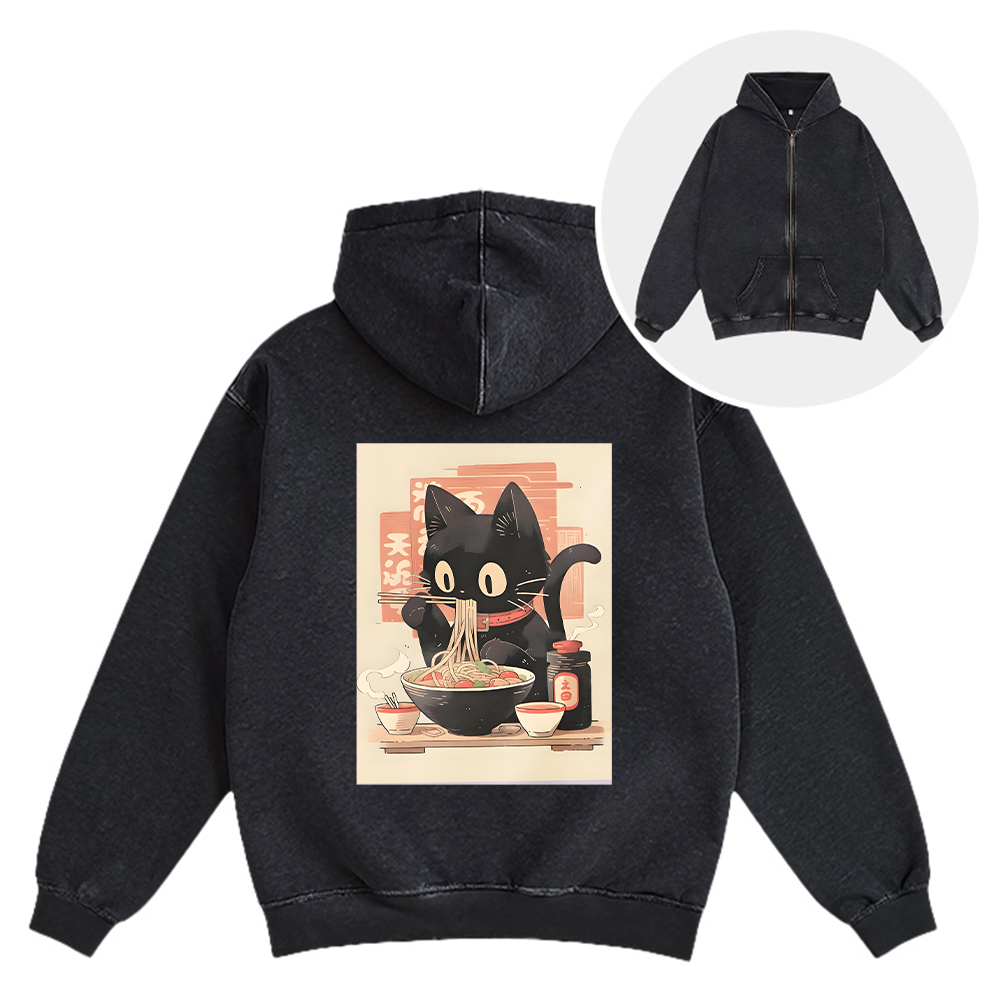 Tokyocanvas Ramen Black Cat Washed Zip Hoodie