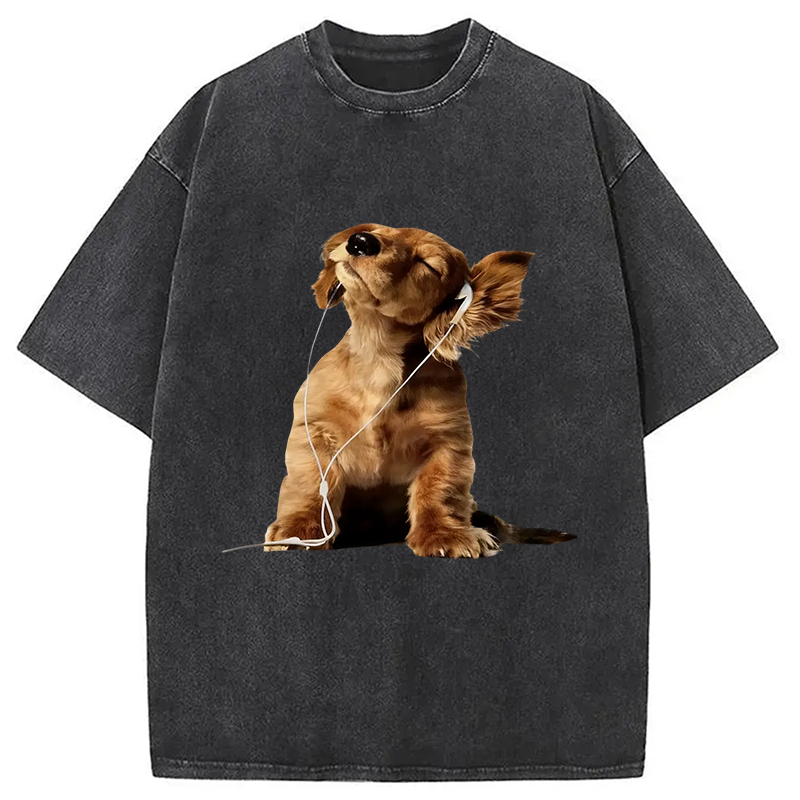 Tokyocanvas Dog Listening to Music Washed T-Shirt