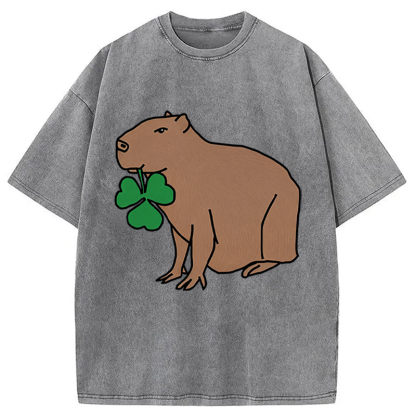 Tokyocanvas Cute Capybara with Shamrock Washed T-Shirt