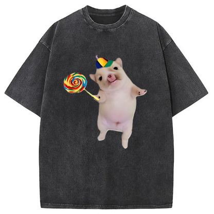 Tokyocanvas Funny Silly Dog with Lollipop Meme Washed T-Shirt