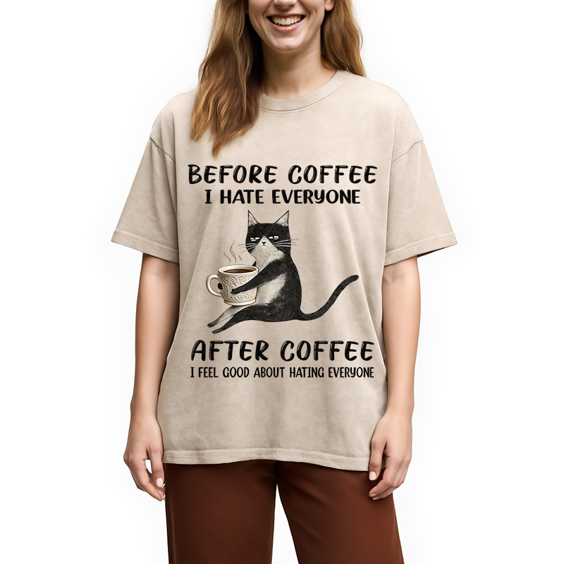 Tokyocanvas Funny Cat Coffee Washed T-Shirt