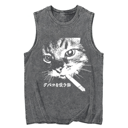 Tokyocanvas Retro Cat Smoking Washed Tank