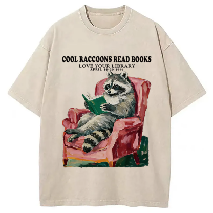 Tokyocanvas Cool Raccoon Reads Washed T-Shirt