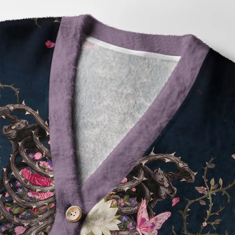 Tokyocanvas Skeleton Ribcage Rose Butterfly Fuzzy Ugly Cardigan Sweatshirt