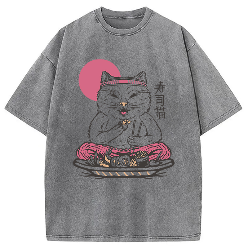 Tokyocanvas Cute Sushi Cat Eating Washed T-Shirt