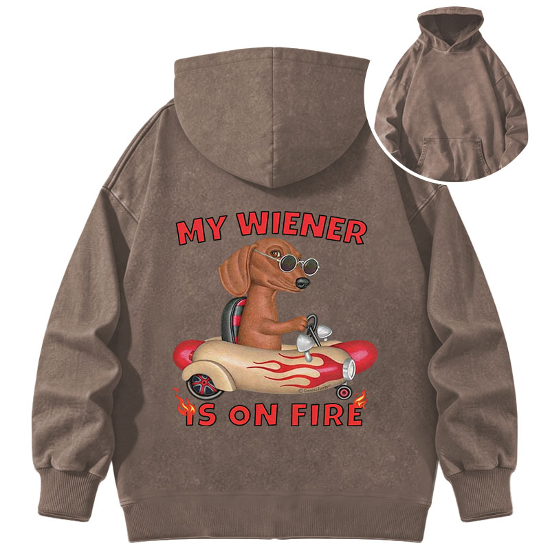 Tokyocanvas My Wiener Is On Fire Funny Dog Washed Hoodie