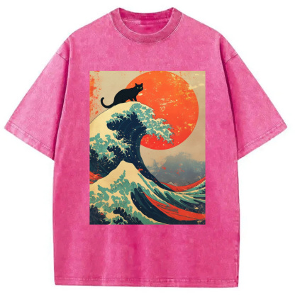 Tokyocanvas Black Cat On Great Wave Washed T-Shirt