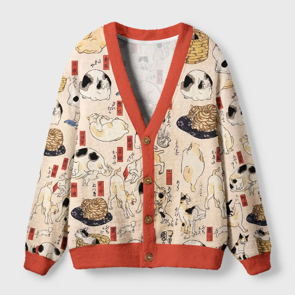 Tokyocanvas Ukiyo?e Cats Fuzzy Ugly Cardigan Sweatshirt