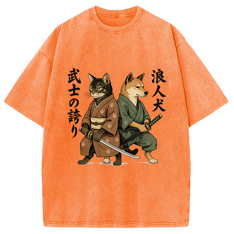 Tokyocanvas Samurai Cat vs Ronin Dog Washed T-Shirt