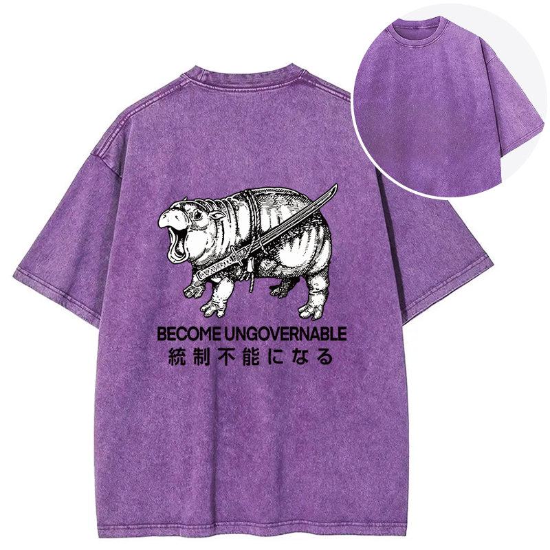 Tokyocanvas Moo Deng Carrying A Samurai Sword Back Washed T-Shirt