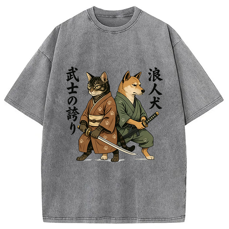 Tokyocanvas Samurai Cat vs Ronin Dog Washed T-Shirt