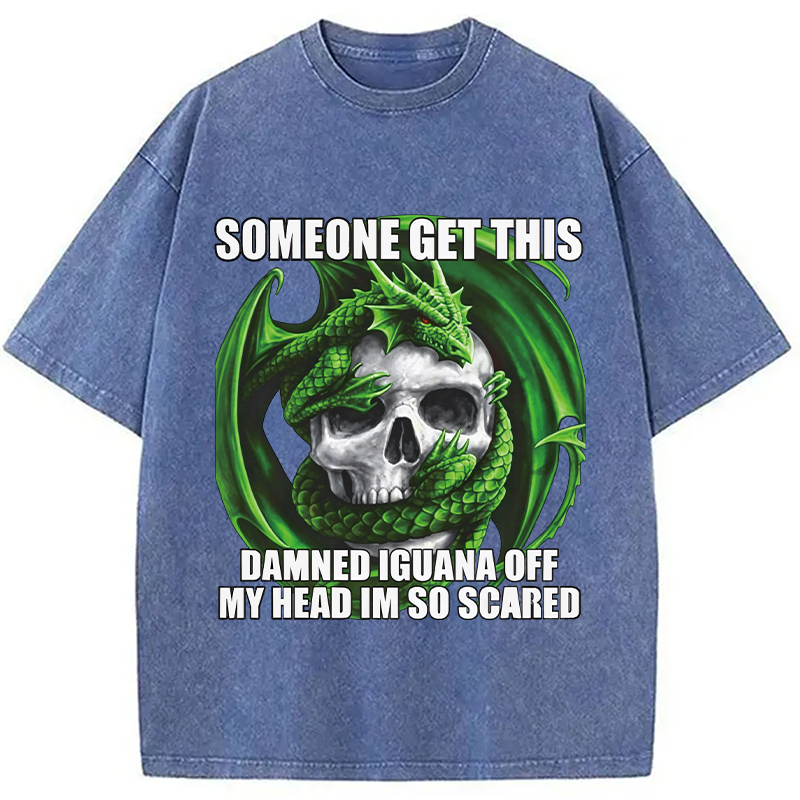 Tokyocanvas	 Someone Get This Damned Iguana Off My Head Im So Scared DTG Printing Washed T-Shirt