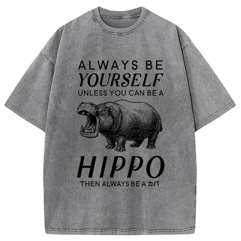 Tokyocanvas Funny Hippopotamu Washed T-Shirt