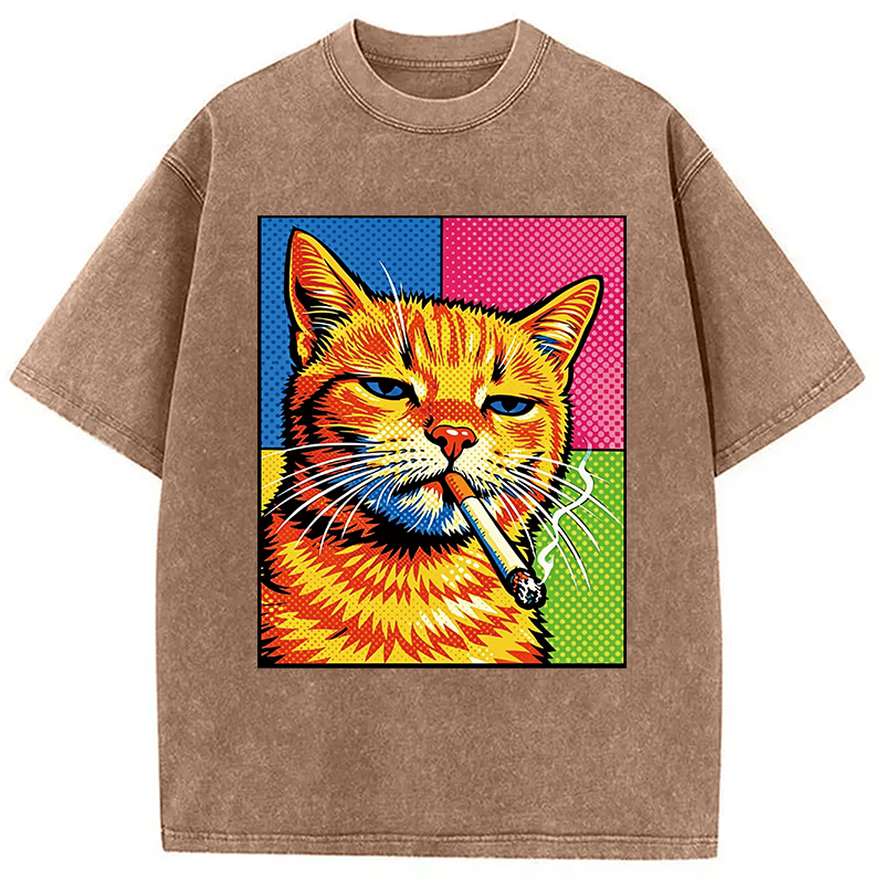 Tokyocanvas Cat Smoking Cigarette Washed T-Shirt