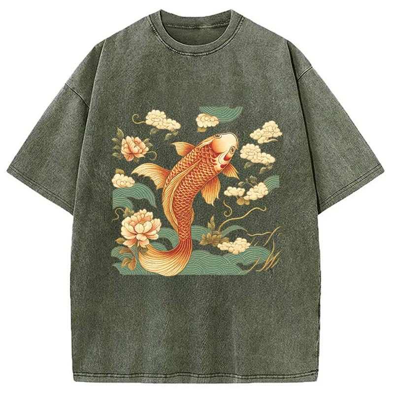 Tokyocanvas Cozy Vintage Japanese Koi Fish Washed T-Shirt