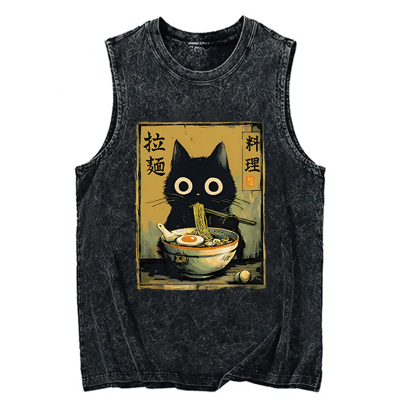 Tokyocanvas Cute Black Cat Eating Ramen Washed Tank