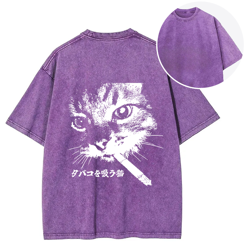 Tokyocanvas Retro Cat Smoking Back Washed T-Shirt