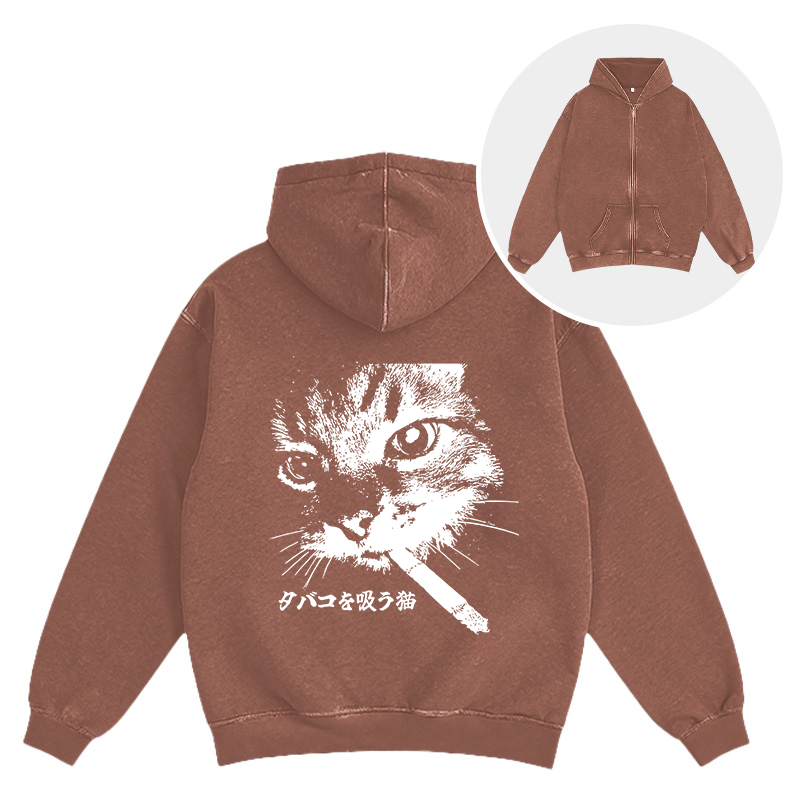 Tokyocanvas Retro Cat Smoking Washed Zip Hoodie