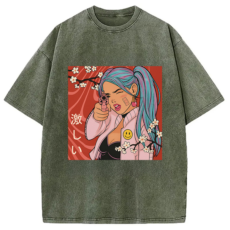 Tokyocanvas Cherry Blossoms in Error 404 Anime Girl Washed T-Shirt