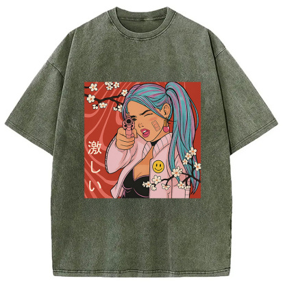 Tokyocanvas Cherry Blossoms in Error 404 Anime Girl Washed T-Shirt