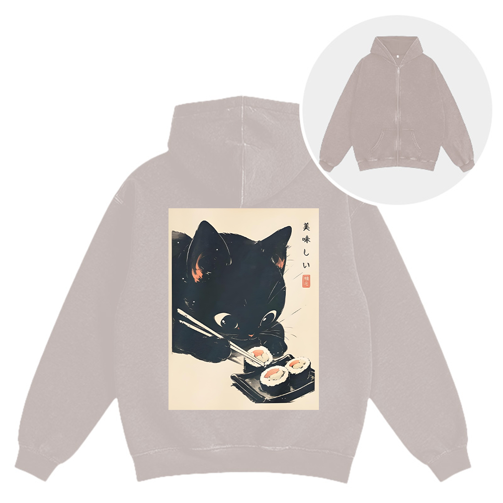 Tokyocanvas Sushi Black Cat Washed Zip Hoodie