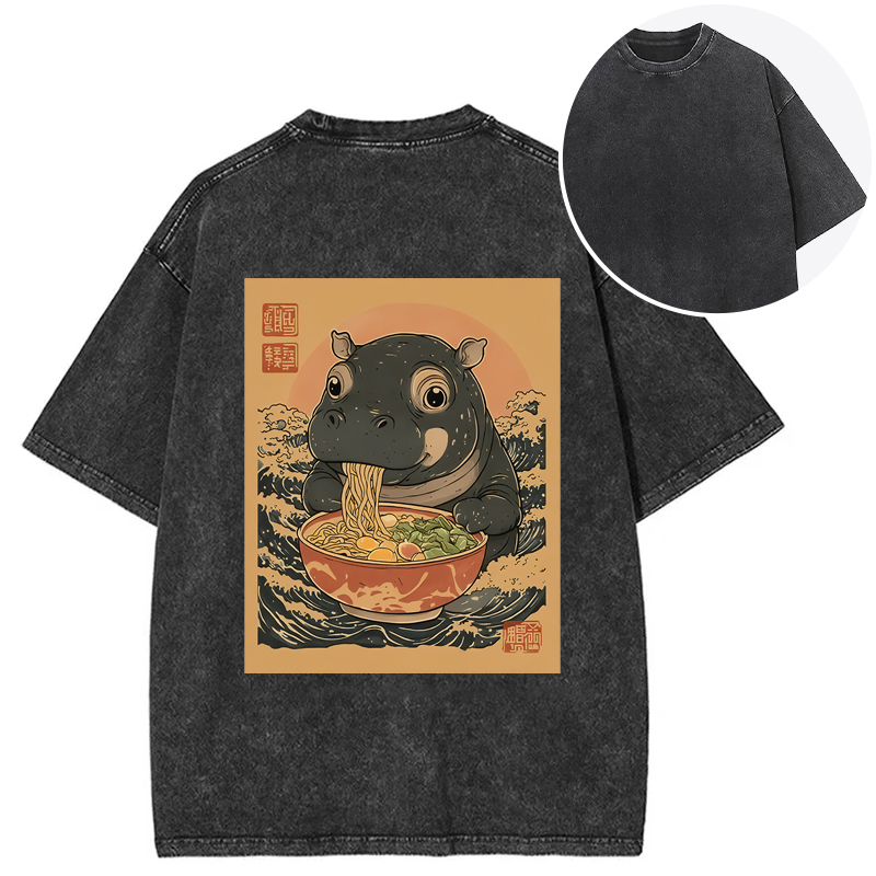 Tokyocanvas Moo Deng Eat Ramen Back Washed T-Shirt