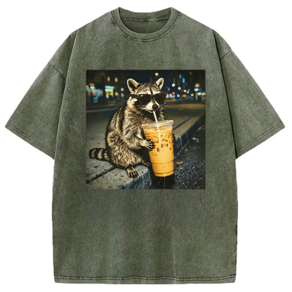 Tokyocanvas Racoon with a Ice Coffee Washed T-Shirt