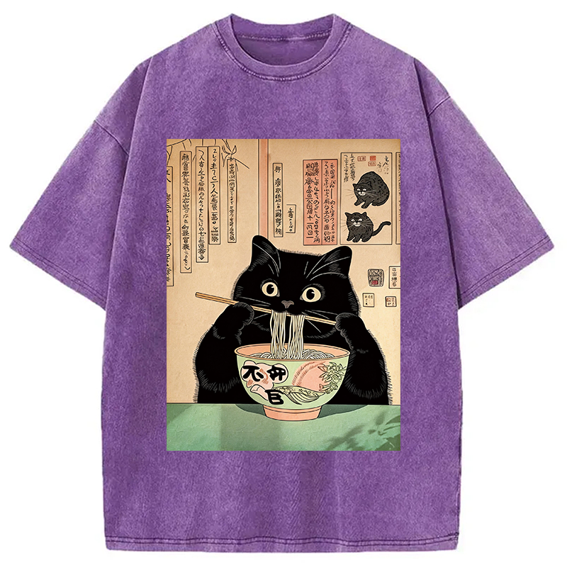 Tokyocanvas Black Cat Eating Noodles Washed T-Shirt