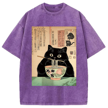 Tokyocanvas Black Cat Eating Noodles Washed T-Shirt