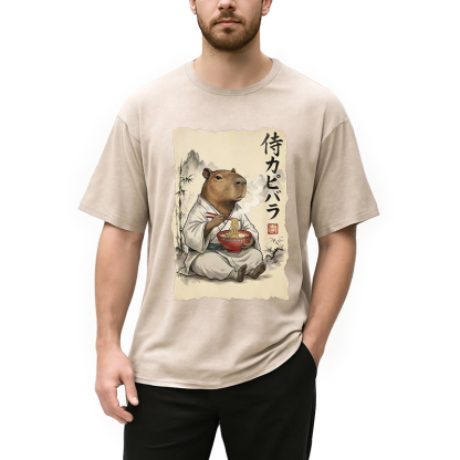 Tokyocanvas Funny Capybara Ramen Washed T-Shirt