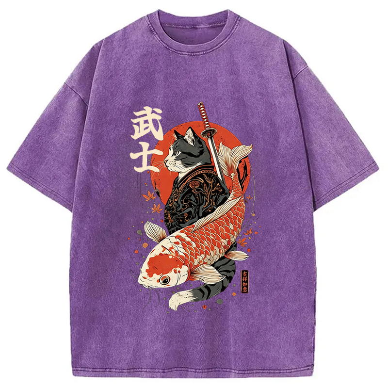 Tokyocanvas Samurai Cat And Koi Washed T-Shirt