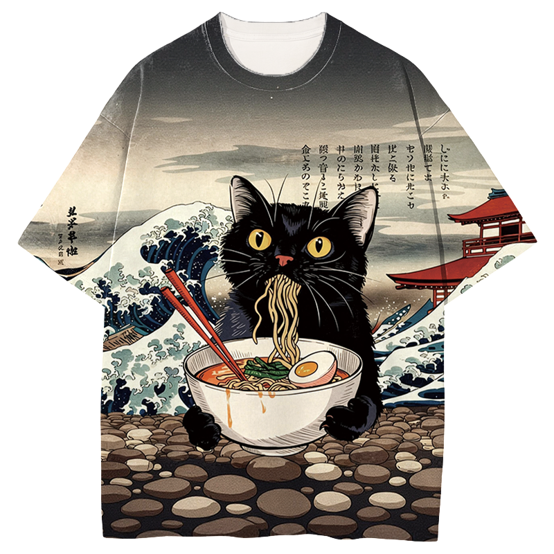 Tokyocanvas Black Cat Ramen Graphic Print T-shirt