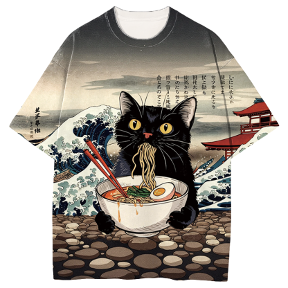Tokyocanvas Black Cat Ramen Graphic Print T-shirt