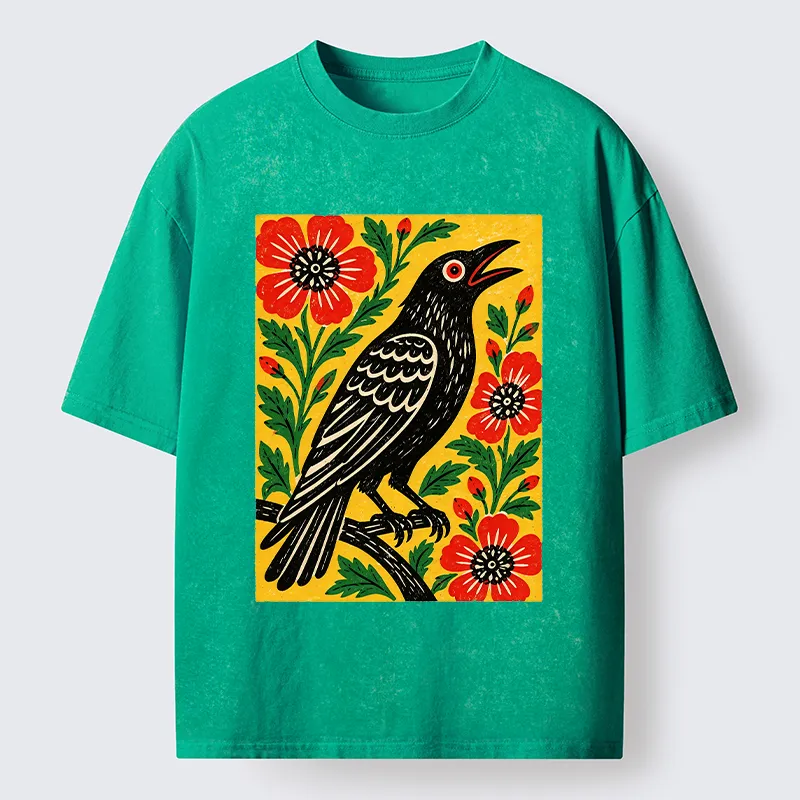Tokyocanvas Vintage Crow Flower Folk Art Washed T-Shirt
