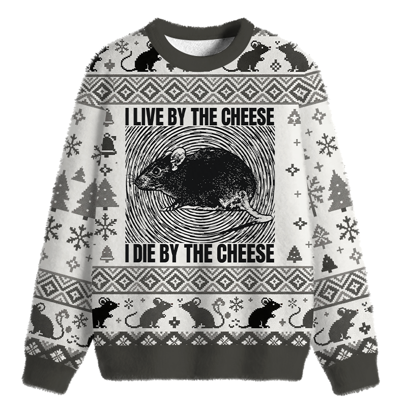 Tokyocanvas I Live By The Cheese Rat Fuzzy Christmas Ugly Sweatshirt