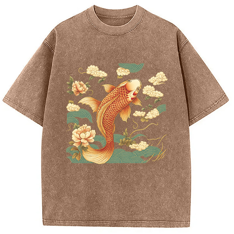 Tokyocanvas Cozy Vintage Japanese Koi Fish Washed T-Shirt