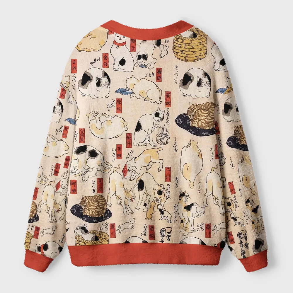 Tokyocanvas Ukiyo?e Cats Fuzzy Ugly Cardigan Sweatshirt