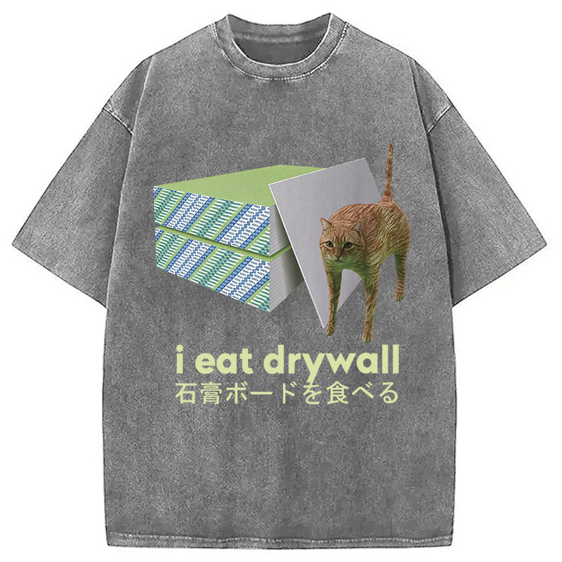 Tokyocanvas Eat Drywall Cat Meme Washed T-Shirt