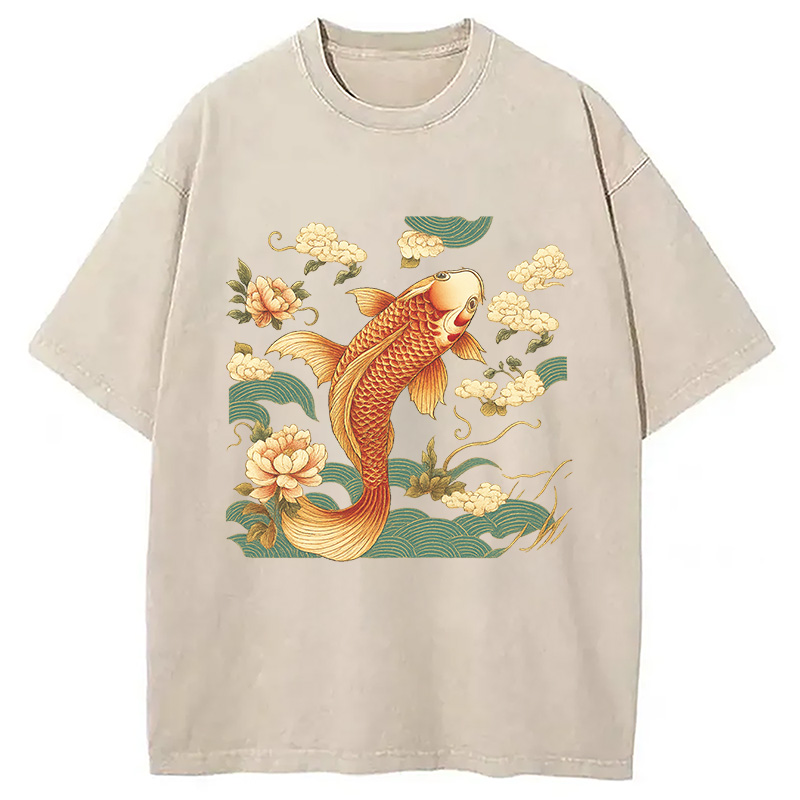 Tokyocanvas Cozy Vintage Japanese Koi Fish Washed T-Shirt