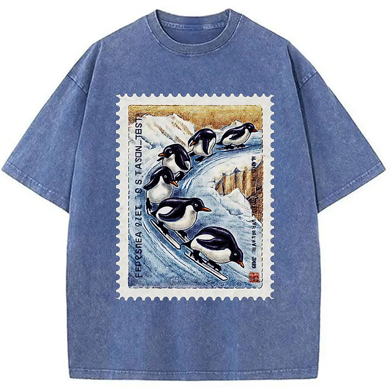 Tokyocanvas Gliding Penguin Stamp Washed T-Shirt