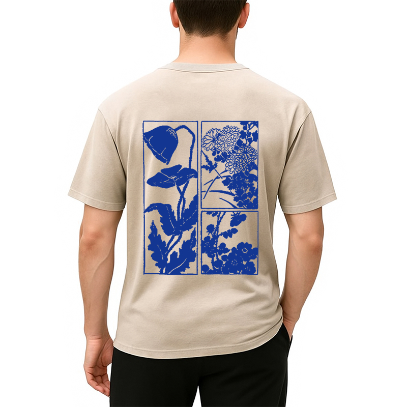 Tokyocanvas Woodcut Flowers Back Washed T-Shirt